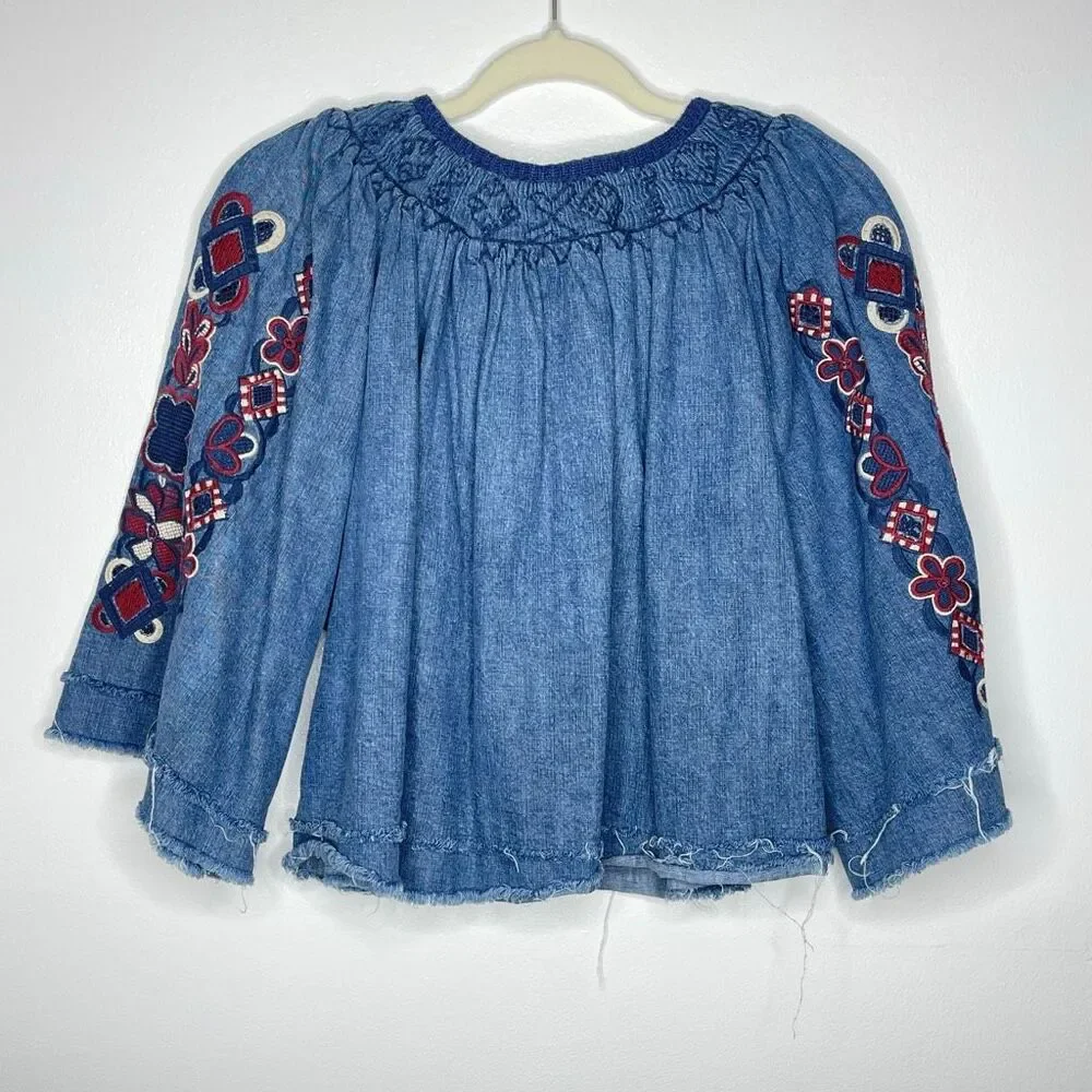 Free People Sun Valley Embroidered Denim Blouse Boho Top Women’s Size Small - Picture 2 of 10